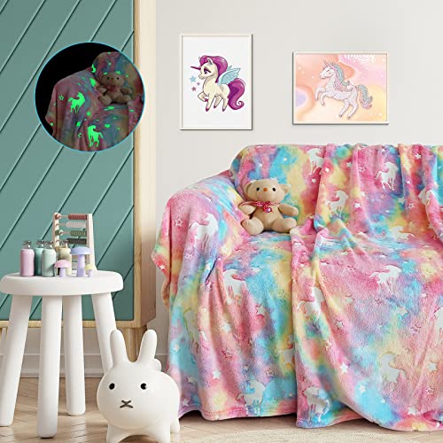 Ranedo Kuscheldecke Kinder 150cmx190 cm, Leuchtet im Dunkeln Einhorn Flanell Fleece Decke, Urlaub Geburtstagsgeschenke für Mädchen, Rosa