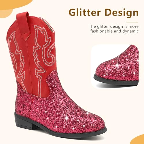 Girls Cowboy Boots Kids Embroidered Square Toe Mid Calf Glitter Western Cowgirl Boot Side Zipper Shoes2