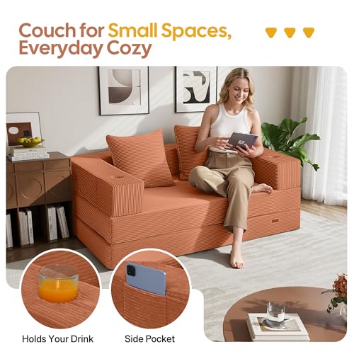 Image of COMAX Futon Sofa Bed, Convertible Sofa Bed, Folding Boneless Couches | Boneless Couch for living room, Fold Out Small Foldable Loveseat Floor Sleeper Mattress Lounge Space‑Saving, Light Orange