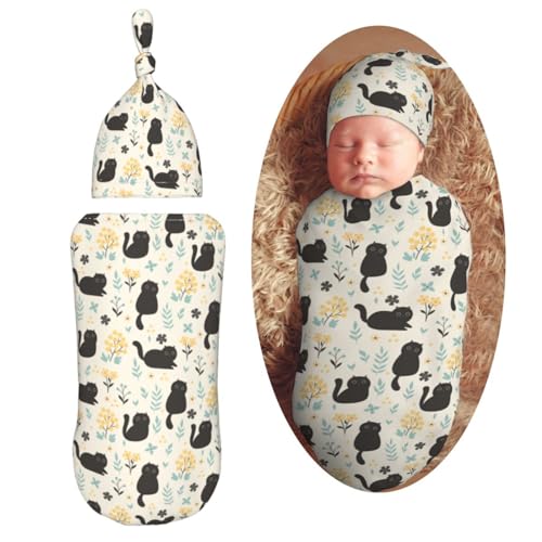 Image of AuHomea Cute Black Cats and Flowers Newborn Swaddle Blanket with Beanie Set Soft Baby Sleep Sack Stretch Adjustable Swaddle Wraps Receiving Blankets