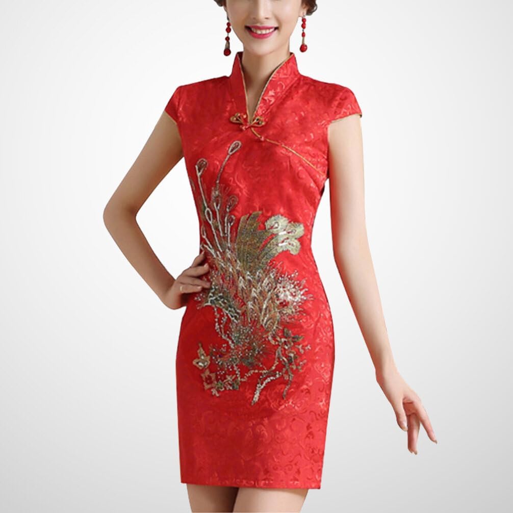 Abaodam Sequin Cheongsam Dress for Women Chinese Wedding Qipao with Short Sleeves High Waist Slim Fit Traditional Formal Dress for Banquets Size XL Red