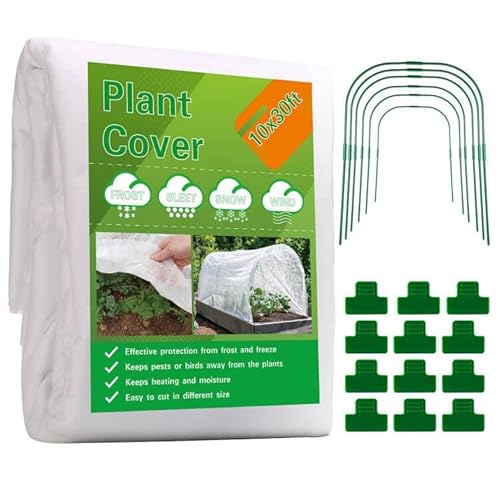 WOWSTAR Gartenvlies Pflanzenabdeckung, 3 m x 10 m Pflanzenvlies Frostschutz mit 6 Gartenreifen und 12 Clips für Gartenarbeit, Gemüse, Obst, Baum, Pflanzenschutzabdeckung vor Vögeln und Insekten Cover