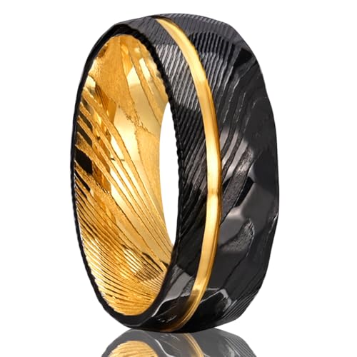 Damascus Steel Rings for Men Black Hammered 8mm Men's Engagement Wedding Bands Inlaid Gold Foil Meteorite Fragments Comfortable Suitable for Daily Parties