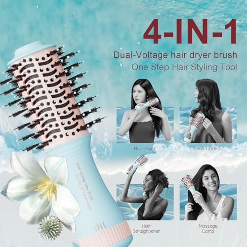 Image of Travel Dual Voltage Hair Dryer Brush 4-in-1 Portable Mini Hot Air Blow Dryer Straightener & Curler Brush, Titanium Round Blowout Styler Volumizer Tools, 110 /240V US /EU /UK -Baby Blue & Light Pink