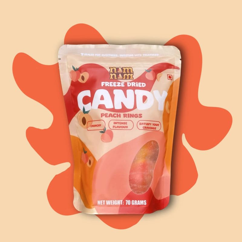 NAM NAM Freeze-Dried Peach Rings | 0% Fat & Gluten-Free Candy | Crunchy Fruity Flavor | Gourmet Snack for Gifting & Snacking | Hygienically Packed|Pack of 1|