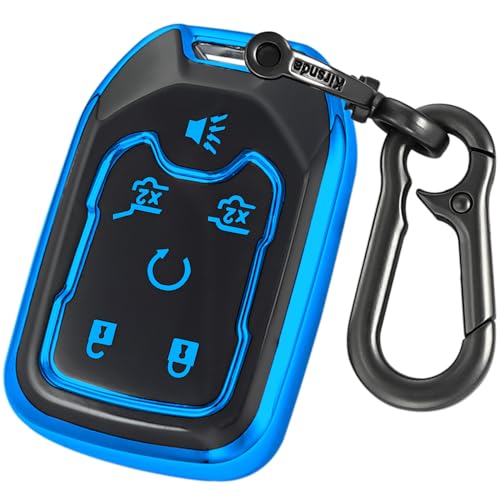 Kirsnda for Chevrolet Key Fob Cover with keychian TPU Protection Key Case Compatible with GMC Silverado Suburban Tahoe Acadia Sierra Terrain Yukon (Blue 6 Button)