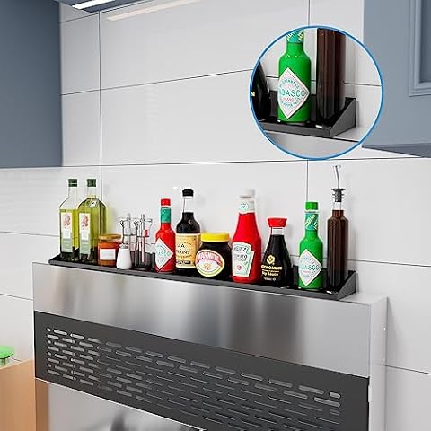 Notmise Magnetic Shelf for Top of Stove Metal Kitchen Spice Rack Seasoning Organizer,Length Adjustable, Suitable for 20" 24" 30" Flat Top Stove, Black Cover