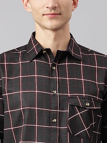 Image of Thomas Scott Men's Polyester Checkered Slim Fit Casual Shirt with Spread Collar and Long Sleeve (TS1045 Wood)
