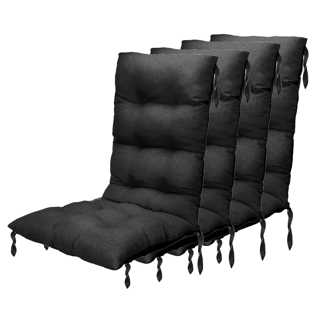 Cuscini Per Sedie Da Esterno Con Schienale 50 x 50 cm x 78 cm 4 pz. - Cuscino Per Sedie Da Giardino - Cuscini Da Esterno Impermeabili Con Corde Di Fissaggio - Nero (SET x4)