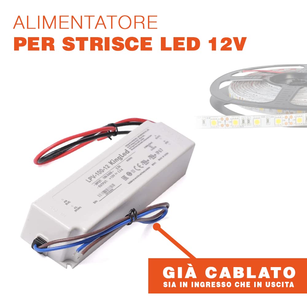 KingLed – MeanWell Fuente de alimentación Mean Well AC/DC LPV-100-12 100W DC 12V Resistente Al Agua IP67 Transformador Switching Mean Well para productos LED Serie LPV– cód. 0596