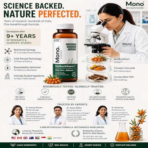 Image of Mono Bioholistic Sea Buckthorn Juice | For Acne, Pigmentation, Skin Balance & Glow | Lab Tested | Supports Immunity & Gut Health | Omega-3 6 7 9, Niacinamide( Vit B3) , Zinc & Curcumin 95% | 300ml | No Added Sugar Pack of 2