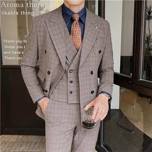Adhdyuud Herren (Anzug + Weste + Hose) Hochzeitsanzug gekerbtes Revers Plaid Kleid 3/2 Teilig Slim Fit Anzug Set – Bild 4