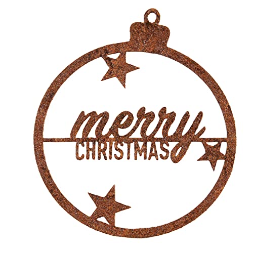 Deko Kind - Rostige Merry Christmas Weihnachtskugel - 8x9cm - Wetterbeständig - Edelrost - Rost Gartenstecker - Metall - Gartenfigur - Rost Deko - Baumdeko - Rostkugel - Weihnachtskugel Cover