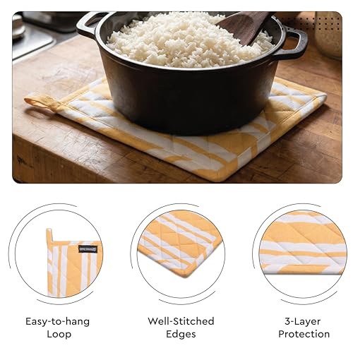 Image of Encasa XO 100% Cotton Apron Set for Women & Men with Adjustable Apron, Oven Gloves & Pot Holder (Pack of 3) Combo, Heat-Resistant, Soft & Durable for Cooking, Baking & Grilling (Franca Yellow Stripes)