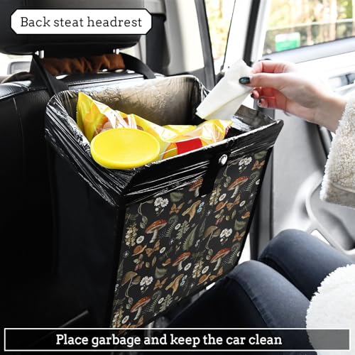 Image of Mushrooms Car Trash Can, Foldable Hanging Car Trash Bag, Vintage Flower Butterfly Dragonfly Small Waterproof Car Accessories Garbage Bin