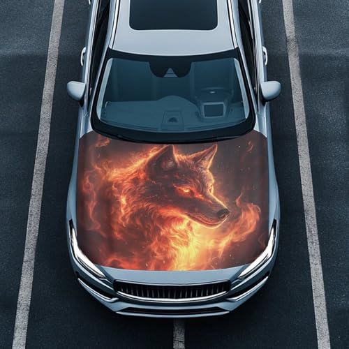 Image of Flame Wolf Design Car Hood Cover Polyester,Engine Protection Cover,Elastic Fabrics Can be Washed,Car Bonnet Banne