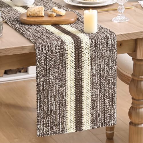 Artoid Mode Burlap Brown Farmhouse Rustic Paper Woven Stripe Braided Table Runner, Seasonal Fall Kitchen Dining Table Decoration for Home Party Decor 12x120 Inch