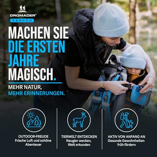 Dromader Kraxe Kindertrage bis 22kg - Baby Rückentrage Wandern mit Sonnendach Regenschutz - Babytrage Outdoor Trekking mit Thermotasche Wickelmatte - Einhändig klappbarer Aluminiumrahmen - Blau