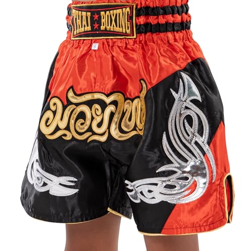 MUAY NATION Muay Thai Shorts für Kinder (2 Jahre - 12 Jahre) Mädchen Jungen Boxhosen für Kickboxen MMA Kampfsport (DE/NL/SE/PL, Alter, 9 Jahre, 12 Jahre, Regular, PRM Rot/Schwarz)