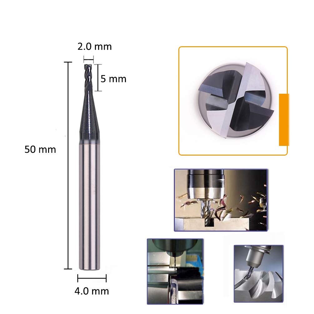 3 Pieces - 2.0 mm End Mill, 4 Flutes, HRC63 Tungsten CNC Router Bit Durable Milling Cutter for Engraving Harden Metal Steel