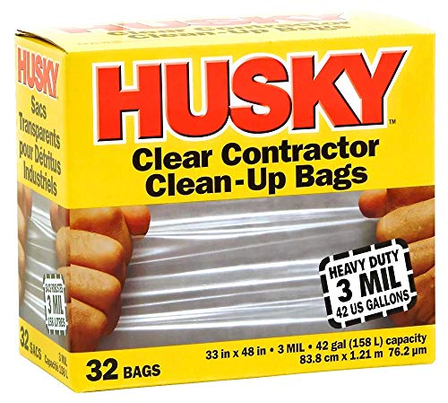 Husky Heavy Duty Clean-Up Trash Bag, Polyethylene Resin, 42 gal, 45-1/8 in L x 32-3/4 in W x 3 mil T, Clear