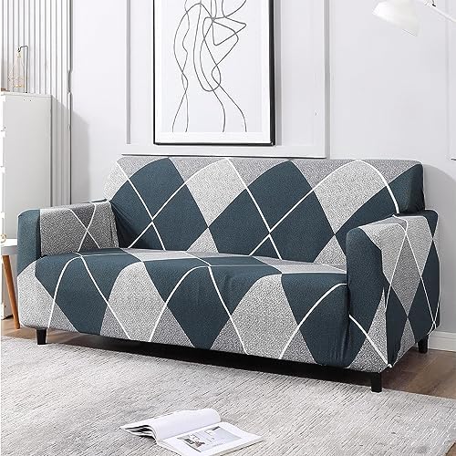 Printed Universal Polyester Blend & Spandex Sofa Cover Big Elasticity Cover for Couch Flexible Stretch Sofa Cover | Imported Slipcovers (Blue Rhombus, Three Seater)
