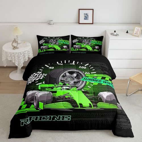 Image of Feelyou Kids Race Car Duvet Insert Queen Size, Green Racing Car Comforter Set Boys Girls for Karting Road Bedding Set Teens Bedroom Decor with 2 Pillow Case