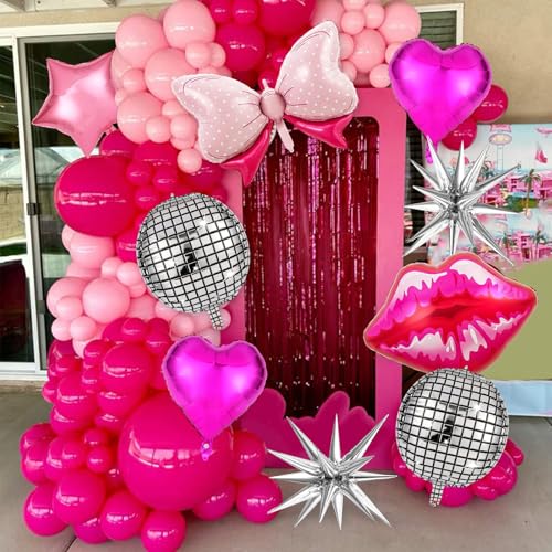 Image of 11 Pcs Hot Pink Princess Foil Balloons, Disco Ball Balloon, Girl Head Balloons, Pink and Silver Balloon for Box Photo Booth Backdrop, Birthday, Baby Shower, Bachelorette Theme Party Decorations