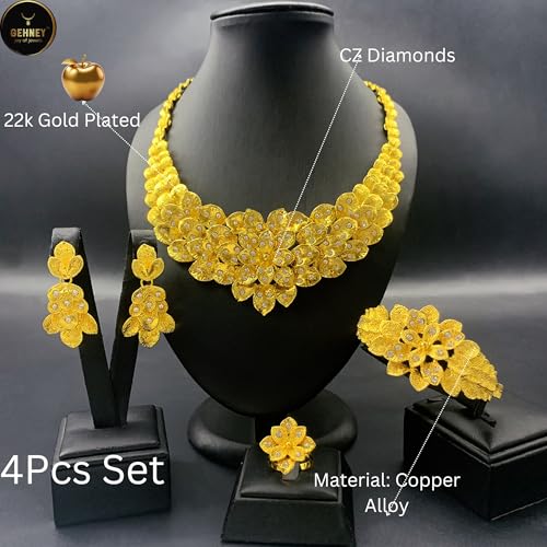 Image of GEHNEY joy of jewels 24k Gold Plated Choker Jewellery Set for Women - Earrings Ring & Bracelet Gold Necklace Set for Women Stylish - Bridal Necklaces for Women Golden with Cubic Zirconia CZ Stones