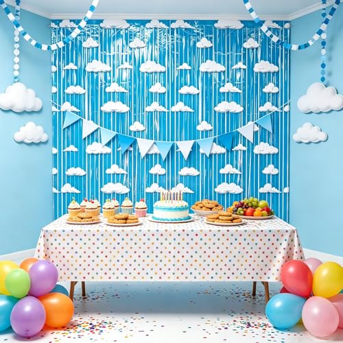 Image of 4 Packs Blue Sky Foil Fringe Curtain, White Clouds Metallic Tinsel Backdrop for Kids Toy Birthday Baby Shower Cartoon Story Party Decorations Supplies