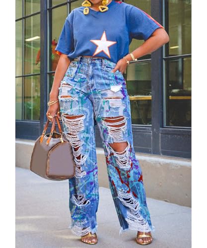 Women's Baggy High Waisted Jeans Stretchy Washed Graffiti Prints Ripped Straight Leg Denim Jeans2