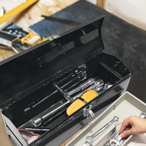 Image of Torin ATB101B-2 19 inch Hip Roof Style Portable Steel Tool Box with Metal Latch Closure and Removable Storage Tray, 19.1 inch x 6.1 inch x 6.5 inch, Black