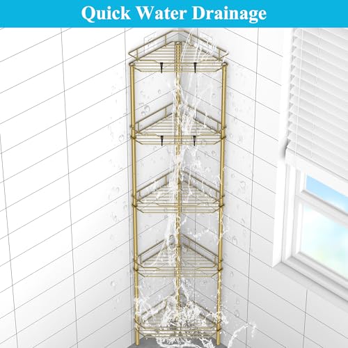 Image of HuggieGems 5 Tier Floor Standing Corner Shower Caddy Organizer Shelf with Hooks, Bathroom Shelves Stand Rack, Gold
