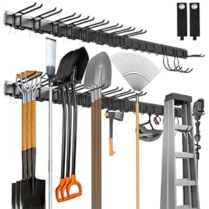 Sinoer Garage Tool Management Wall Rack, Metall-Gartengerätehalter, G... Wall Management Storage Rack, Aufhänger für Skiausrüstung, Gartengeräte, Besen, Mopps, Rechen, Gartengeräte 80 Zoll 15 Haken