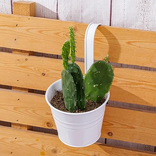 Wensmy 4PCS Metal Hanging Plant Flower Pots with Drainage Hole Fence Balcony Railing Planters Outdoor Garden Pots with Detachable Hooks (White) - Image 2