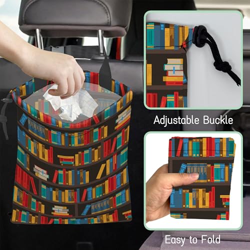 Image of Bookshelves Car Trash Bag,Multicolored Book Hanging Drawstring Car Garbage Bag,Waterproof Canvas Car Back Seat Organizer with Adjustable Buckle,for Vehicles,SUVs,Camping,Road Trips