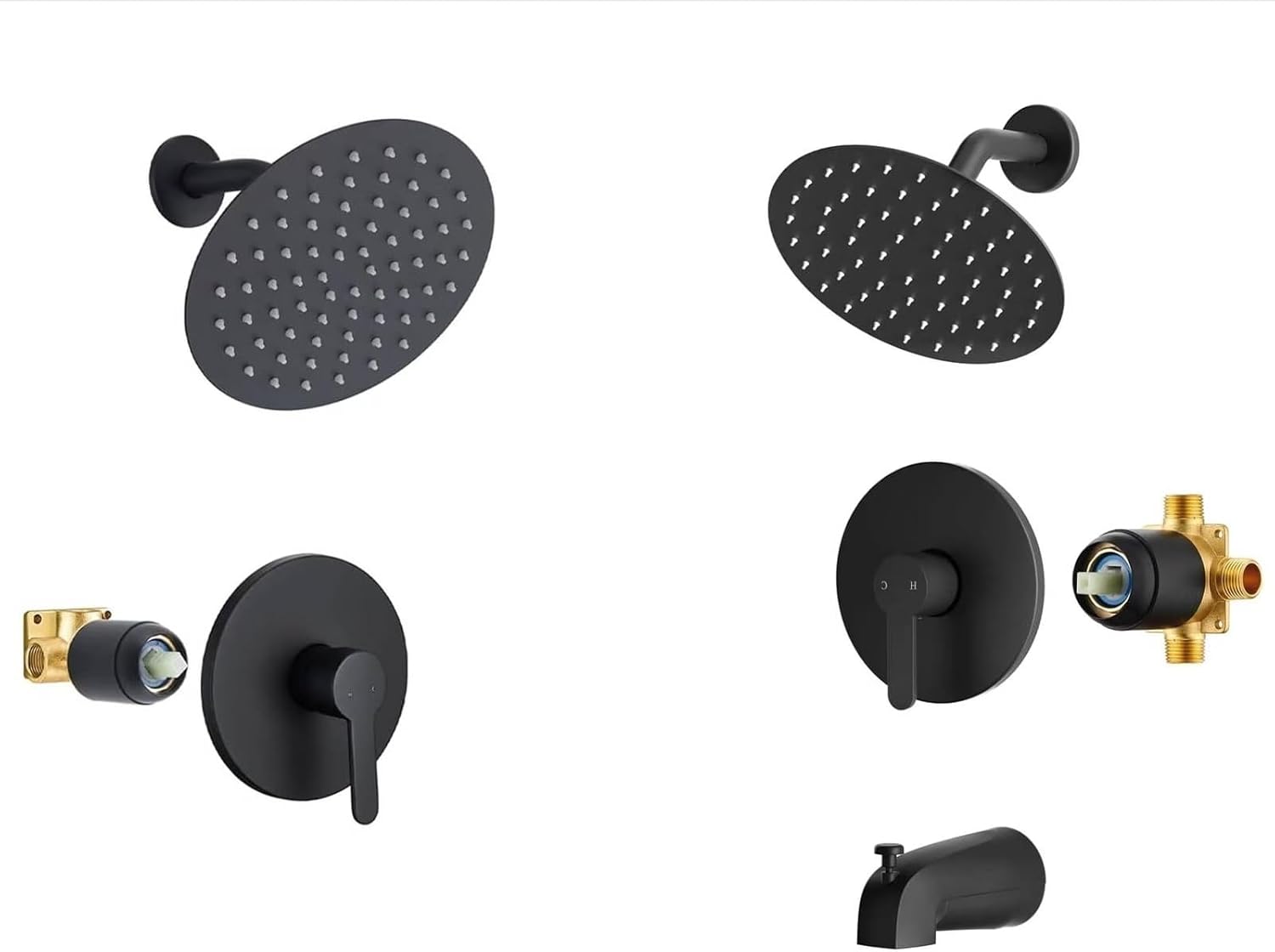 HUCKLE 8-Inch Black Shower Faucet with Valve，8-Inch Black Rainfall Shower Head with Bathtub Faucet