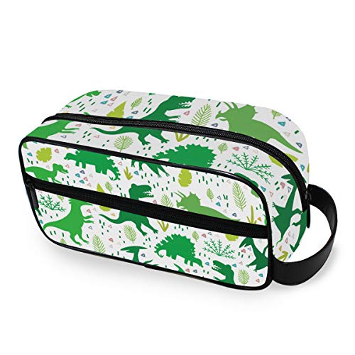 Preisvergleich Produktbild QMIN Tragbare Kulturtasche mit Dinosaurier-Motiv, Handflächenblätter, Kulturbeutel, Kosmetiktasche, Make-up-Tasche für Jungen, Mädchen, Damen, Herren