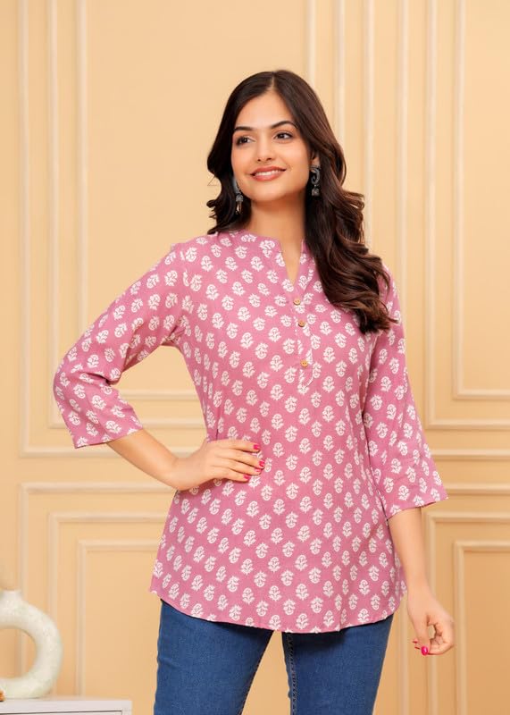 Image of Women's Cotton Printed Kurta Top | 3 /4 Sleeve Straight Kurti Casual Outings