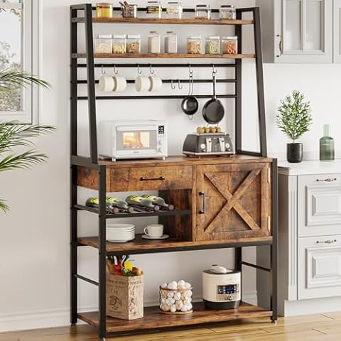 Itaar Baker's Rack, Coffee Bar Cabinet, Farmhouse Microwave Stand with Wine Rack, Drawer and 8 Hooks for Kitchens with Storage, Rustic Brown Cover