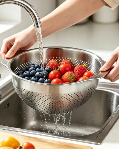 Image of Colanders & Food Strainers,Stainless Steel Colander,2 Pcs Kitchen Strainers with Mixing Bowl for Pasta, Rice, Vegetables,Dishwasher Safe Metal Colander with Handles,Kitchen Gift (primary colour, 5QT)