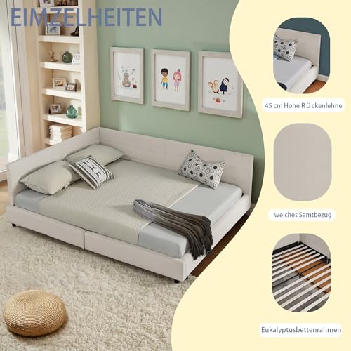 LAKFEW Schlafsofa Bett 140x200 mit Rückenlehne, Schlafcouch Polsterbett mit Samtdesign, Tagesbett mit Lattenrost, Schlafzimmer möbel, Ohne Matratze, Samt, Beige – Bild 6