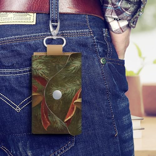 Vintage Two Golden Bells Red Ribbon Key Holder Bag PU Leather ID Card Holder Keychains Case Cover for Men Women4