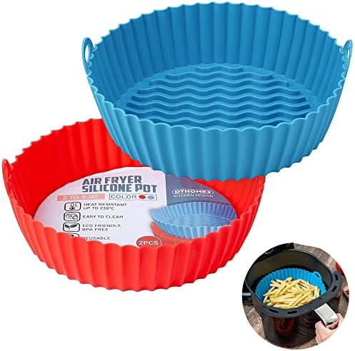 DTHOME3 2PCS Silicone Air Fryer Liners for 3 to 5 QT | Round Air Fryer Silicone Liners | Air Fryer Silicone Basket Bowl , Non-Stick, Reusable & Heat Resistant | Easy Clean-Up Solution for Air Fryers (7.8 in, Red+Blue)