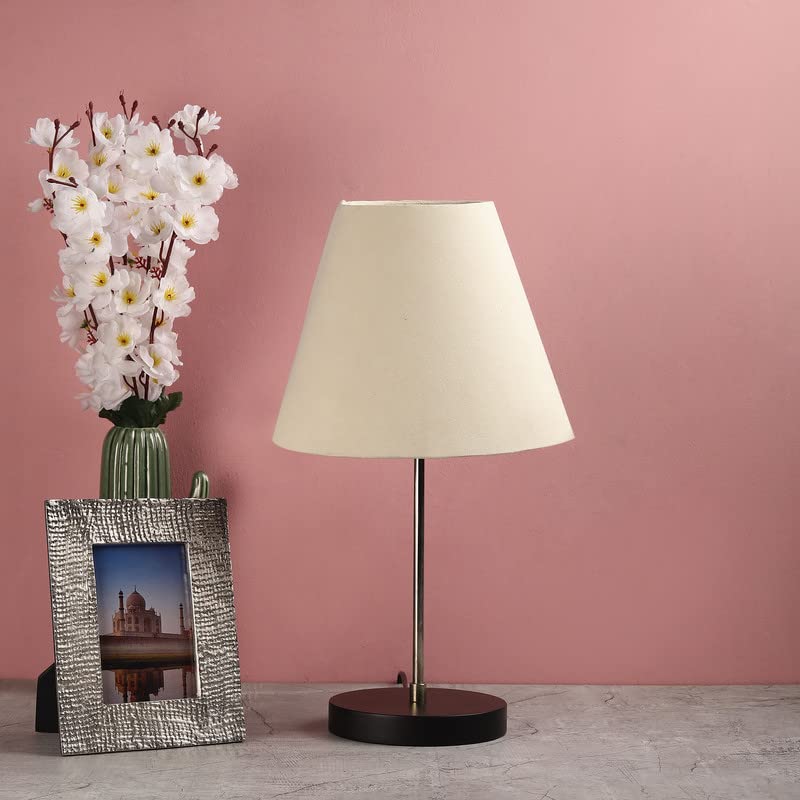 Image of Silver Table Lamp with Handmade Conical Cream Shade, Minimalist Design, for Couple Dinner /Coffee Table /Restaurant /Bedroom, On /Off Switch Long Wire
