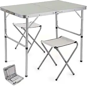 Mesa Dobrável Maleta Alumínio + 2 Bancos Camping Praia Alça