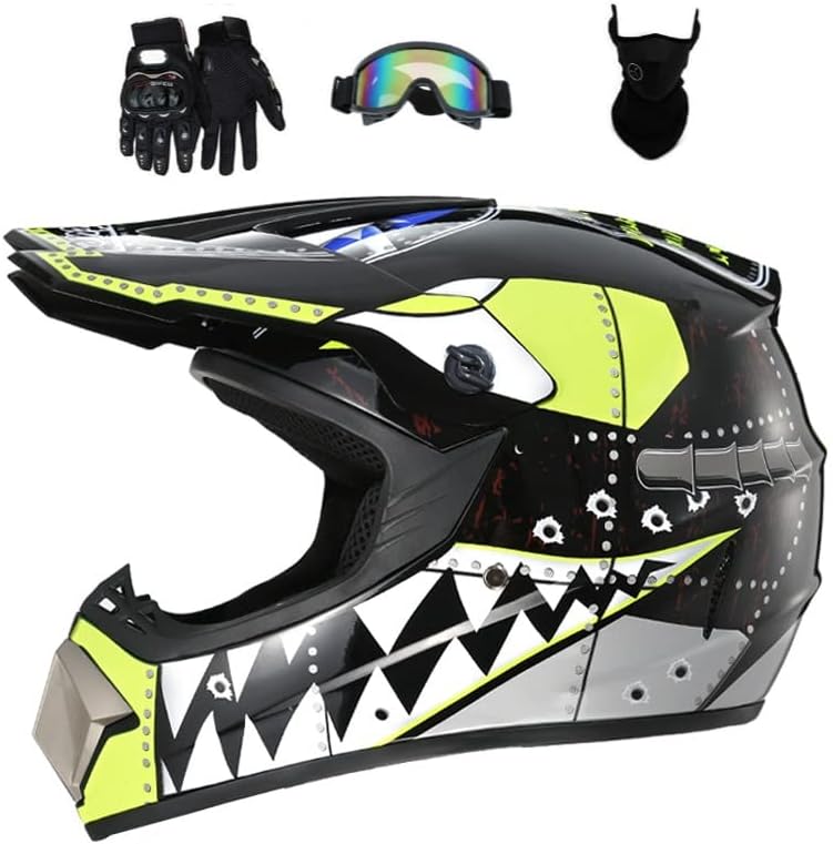 Casco de motocross, casco de motocross, patrón de tiburón, casco de motocicleta ATV Street con guantes, máscara para niños, unisex, juvenil,