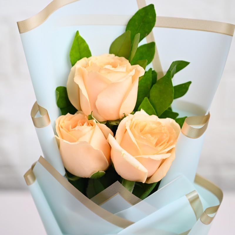 Image of FlowerAura Premium Fresh Live Flower Bouquet of 3 Peach Roses In Designer Paper Gift For Birthday | Anniversary | Love | Home Decor | Fathers Day Gift For Dad (Same Day Delivery)