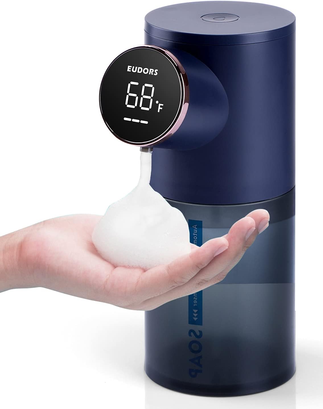 Automatic Touchless Soap Dispenser for Kitchen Sink, Electric Dish Foam Soap Dispenser with Temperature Display, Rechargeable Waterproof Soap Dispenser for Bathroom, Office, Hotel, Restaurant, Blue