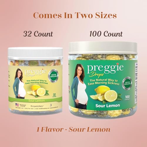 Image of Three Lollies Preggie Drops Pregnancy Nausea Relief Drops with Vitamin B6 and Essential Oils, Morning Sickness and Queasy Stomach Support for Pregnant Women, Sour Lemon, 100 Count